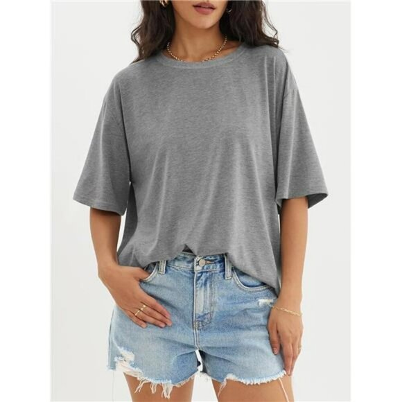 Oversized Womens T Shirt Loose Fit Crewneck Short Sleeve Casual Summer Top - Picture 5 of 7